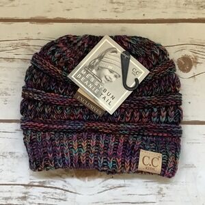 NEW C.C Kids Beanie Tail Multi-Color Confetti Knit Ponytail Messy Bun Hat